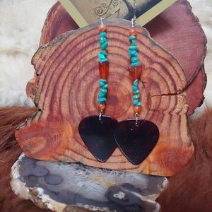 Turquoise Amber beaded guitar pick earrings